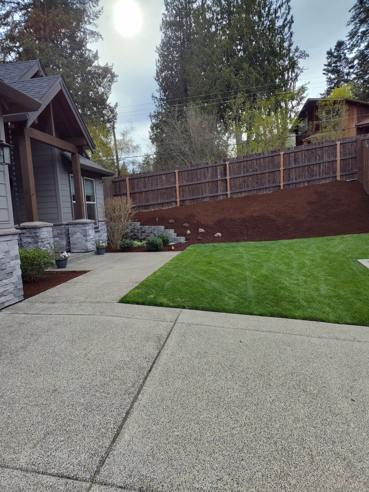 Craftsman home front yard with new sod lawn